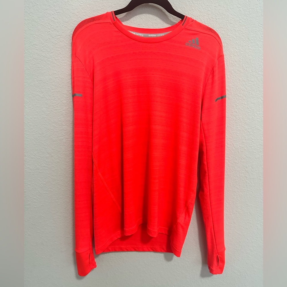 Adidas Neon Orange-Red Running Athletic Long Sleeve Climalite Shirt Size Small